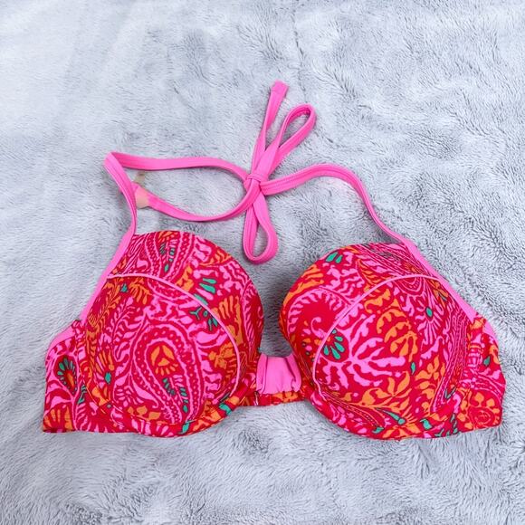 Aerie Swim Brooke Bikini Bra Top Pink Paisley Halter Strappy Underwire 36C - Picture 1 of 9